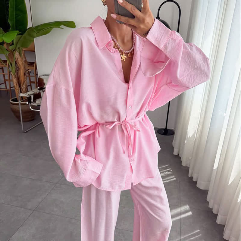Solid Color Textured Crinkle Loungewear Set
