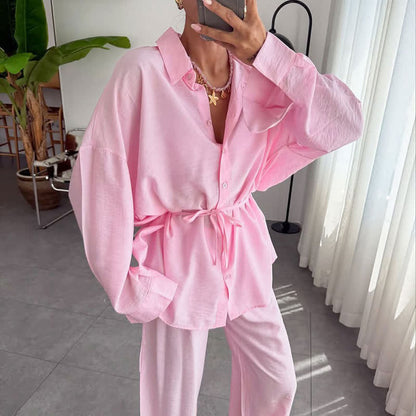 Solid Color Textured Crinkle Loungewear Set