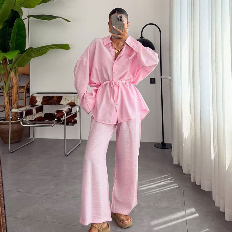 Solid Color Textured Crinkle Loungewear Set