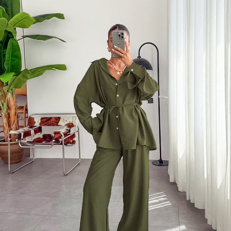 Solid Color Textured Crinkle Loungewear Set