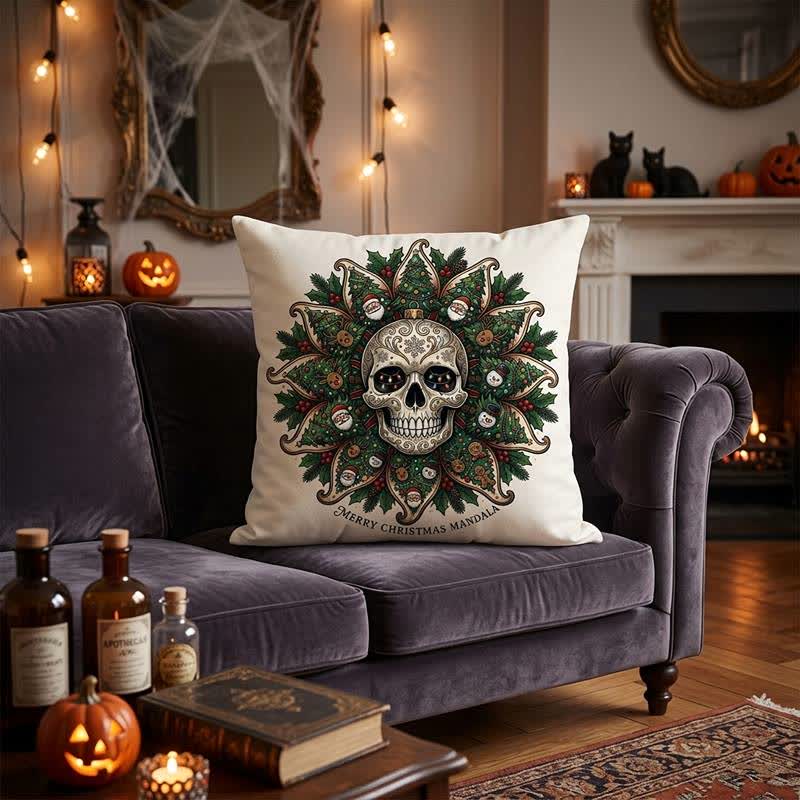 Christmas Skull Mandala Plush Throw Pillow
