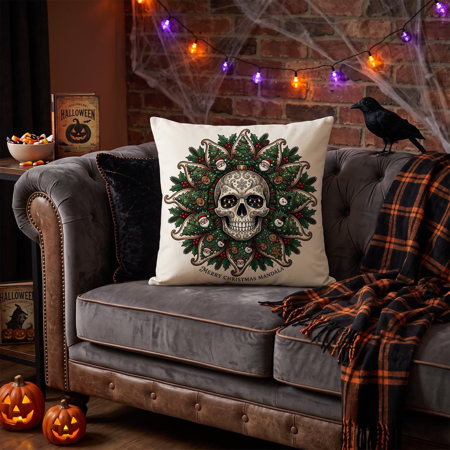 Christmas Skull Mandala Plush Throw Pillow
