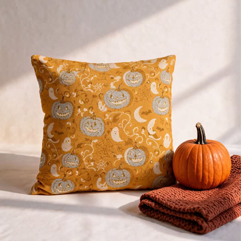 Orange Pumpkin Ghost Cotton Throw Pillow