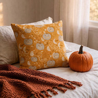 Orange Pumpkin Ghost Cotton Throw Pillow