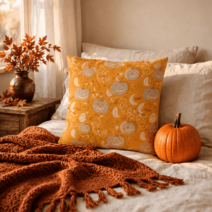 Orange Pumpkin Ghost Cotton Throw Pillow