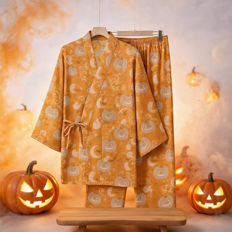 Halloween Pumpkin Ghost Cotton Kimono Pajama Set