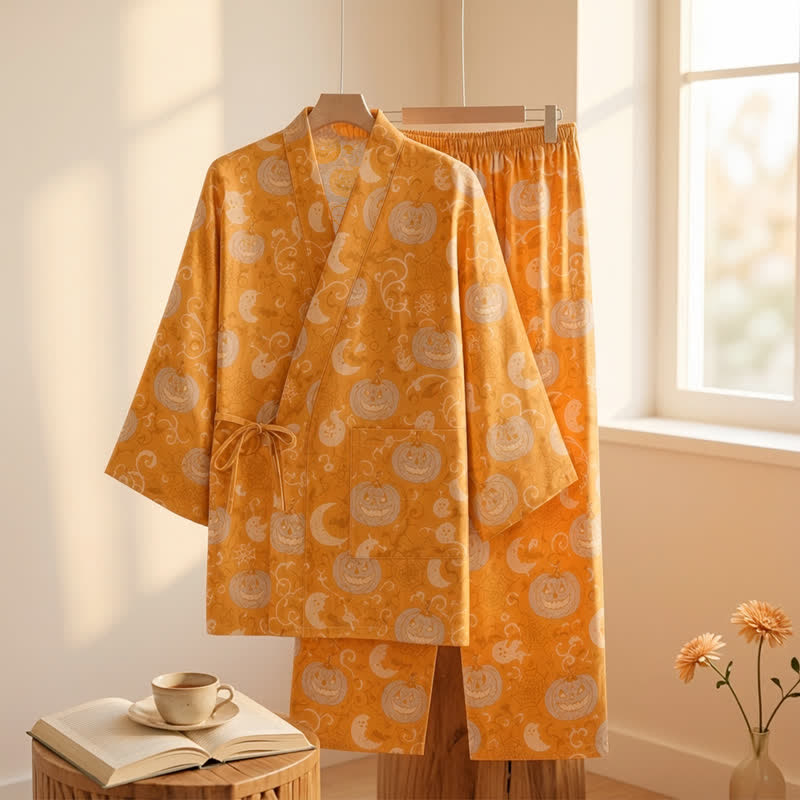 Halloween Pumpkin Ghost Cotton Kimono Pajama Set