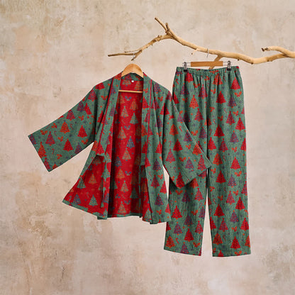 Christmas Tree Cotton Kimono Loungewear Set