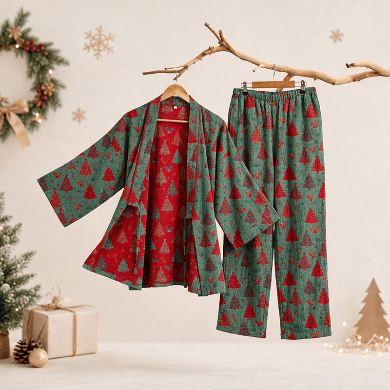 Christmas Tree Cotton Kimono Loungewear Set