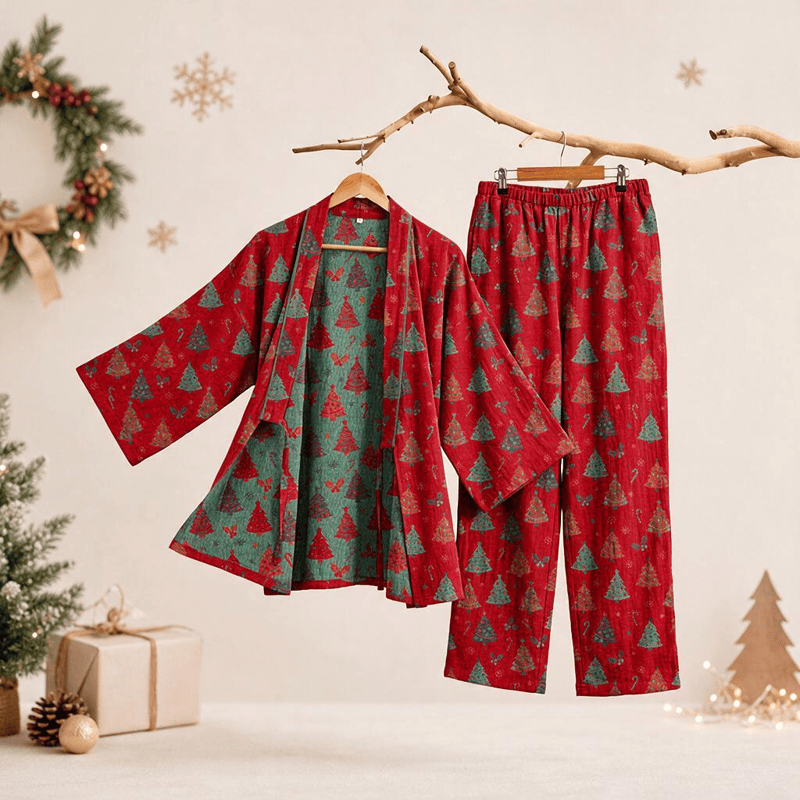 Christmas Tree Cotton Kimono Loungewear Set
