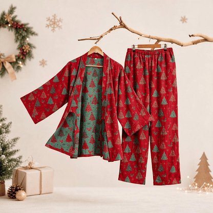 Christmas Tree Cotton Kimono Loungewear Set