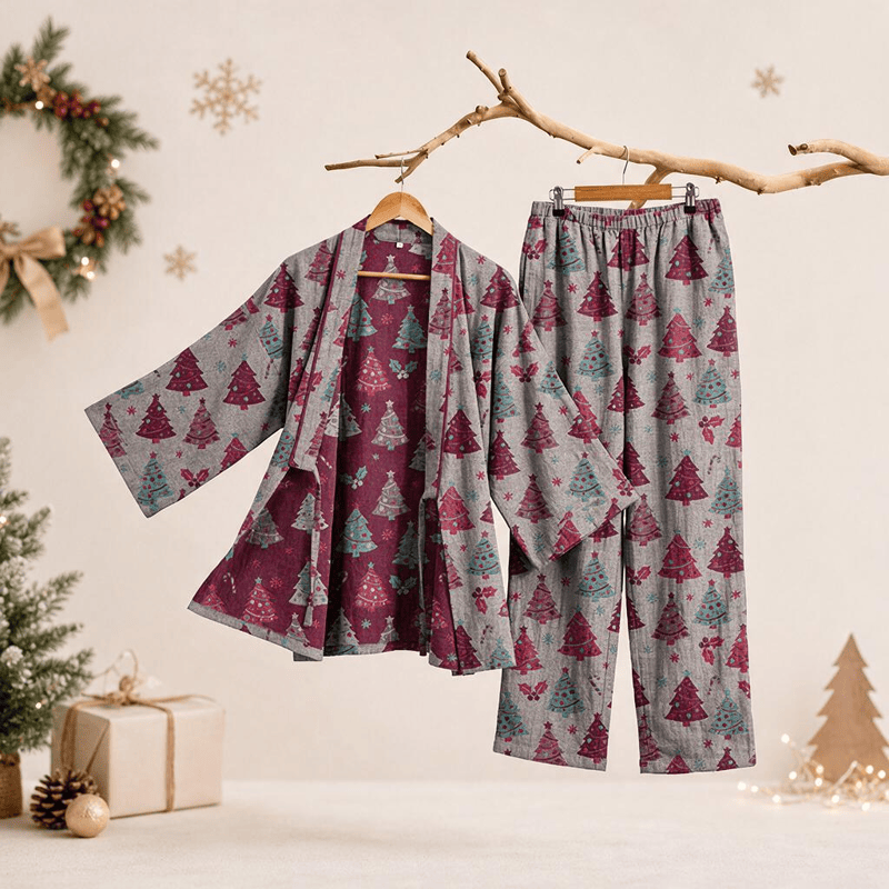 Christmas Tree Cotton Kimono Loungewear Set
