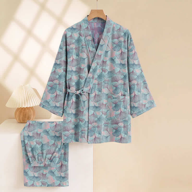 Retro Ginkgo Leaf Cotton Kimono Pajama Set