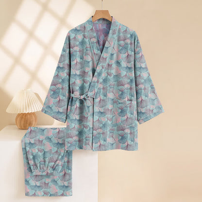 Retro Ginkgo Leaf Cotton Kimono Pajama Set