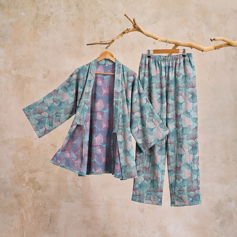 Retro Ginkgo Leaf Cotton Kimono Pajama Set