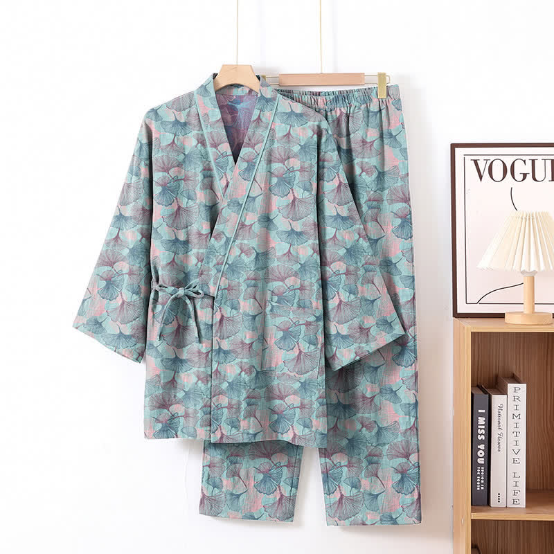 Retro Ginkgo Leaf Cotton Kimono Pajama Set