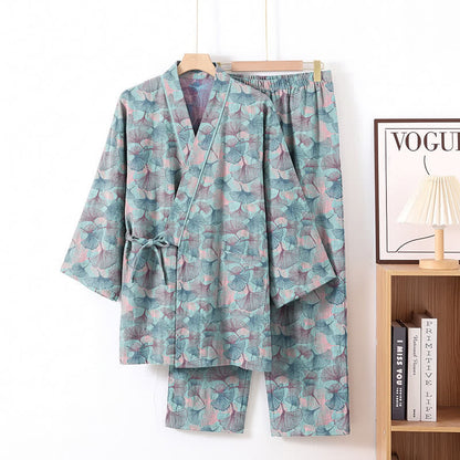 Retro Ginkgo Leaf Cotton Kimono Pajama Set