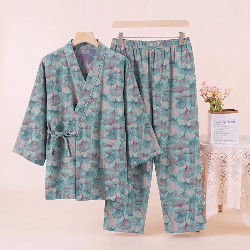 Retro Ginkgo Leaf Cotton Kimono Pajama Set