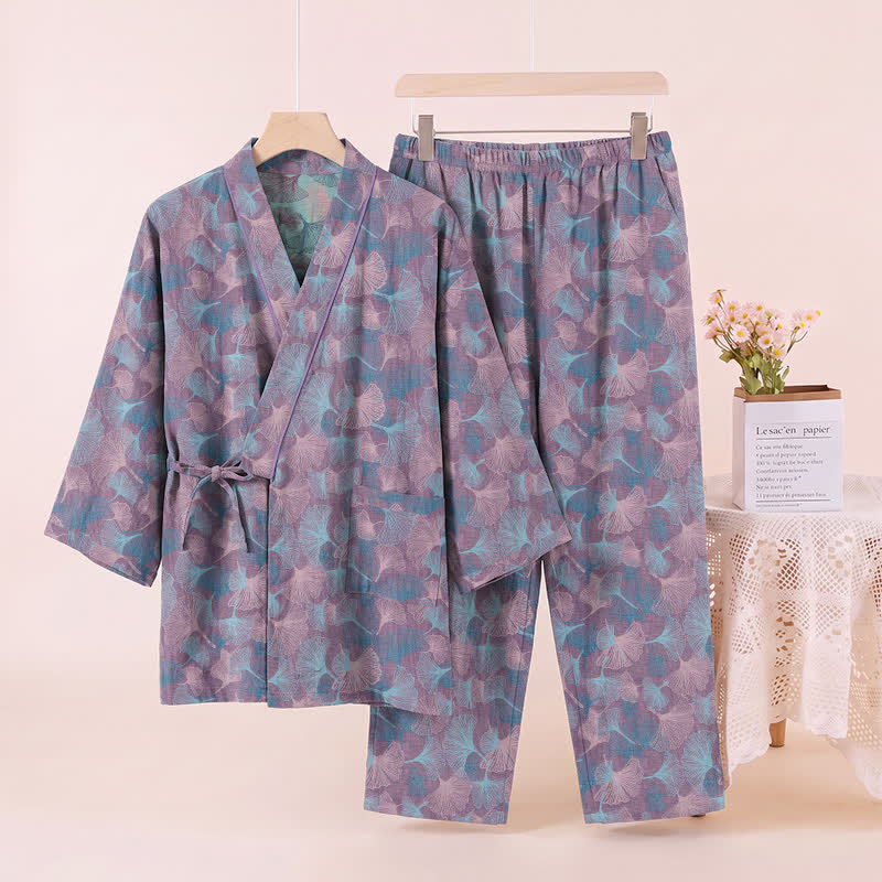Retro Ginkgo Leaf Cotton Kimono Pajama Set