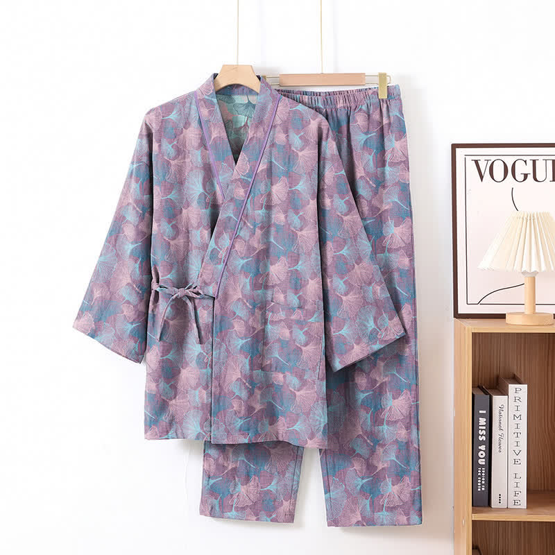 Retro Ginkgo Leaf Cotton Kimono Pajama Set