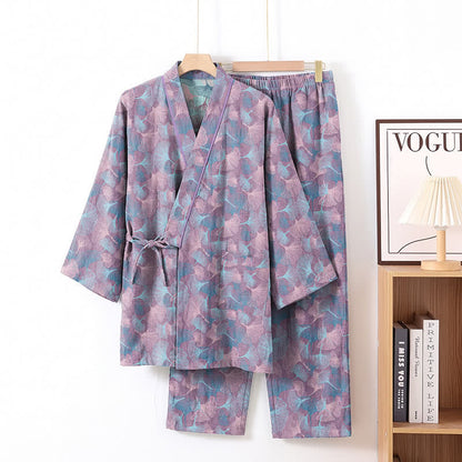 Retro Ginkgo Leaf Cotton Kimono Pajama Set