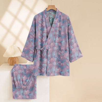 Retro Ginkgo Leaf Cotton Kimono Pajama Set