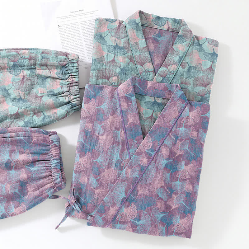 Retro Ginkgo Leaf Cotton Kimono Pajama Set