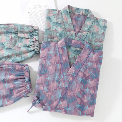 Retro Ginkgo Leaf Cotton Kimono Pajama Set