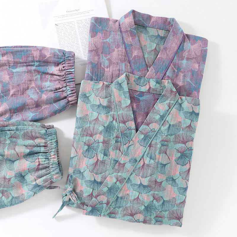 Retro Ginkgo Leaf Cotton Kimono Pajama Set