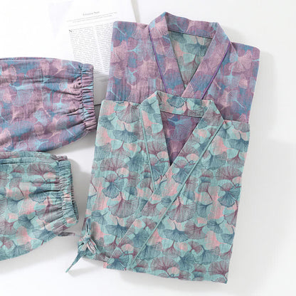 Retro Ginkgo Leaf Cotton Kimono Pajama Set