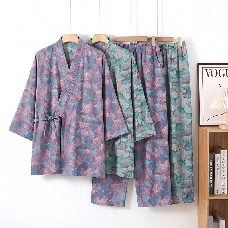 Retro Ginkgo Leaf Cotton Kimono Pajama Set