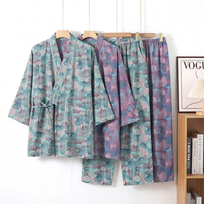 Retro Ginkgo Leaf Cotton Kimono Pajama Set