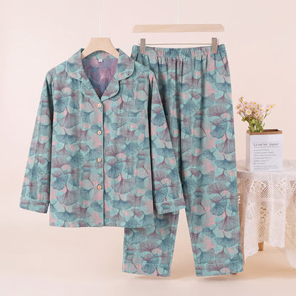 Ginkgo Leaf Cotton Notched‑Collar Loungewear Set