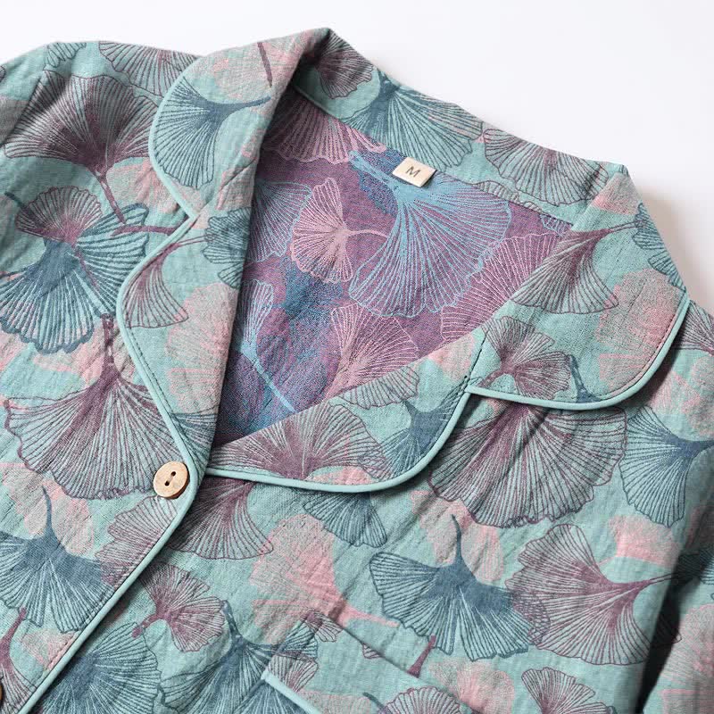 Ginkgo Leaf Cotton Notched‑Collar Loungewear Set