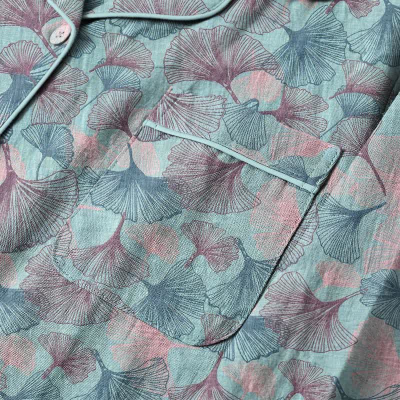 Ginkgo Leaf Cotton Notched‑Collar Loungewear Set