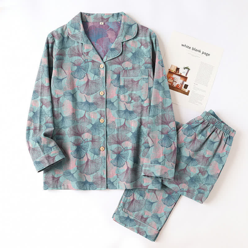 Ginkgo Leaf Cotton Notched‑Collar Loungewear Set
