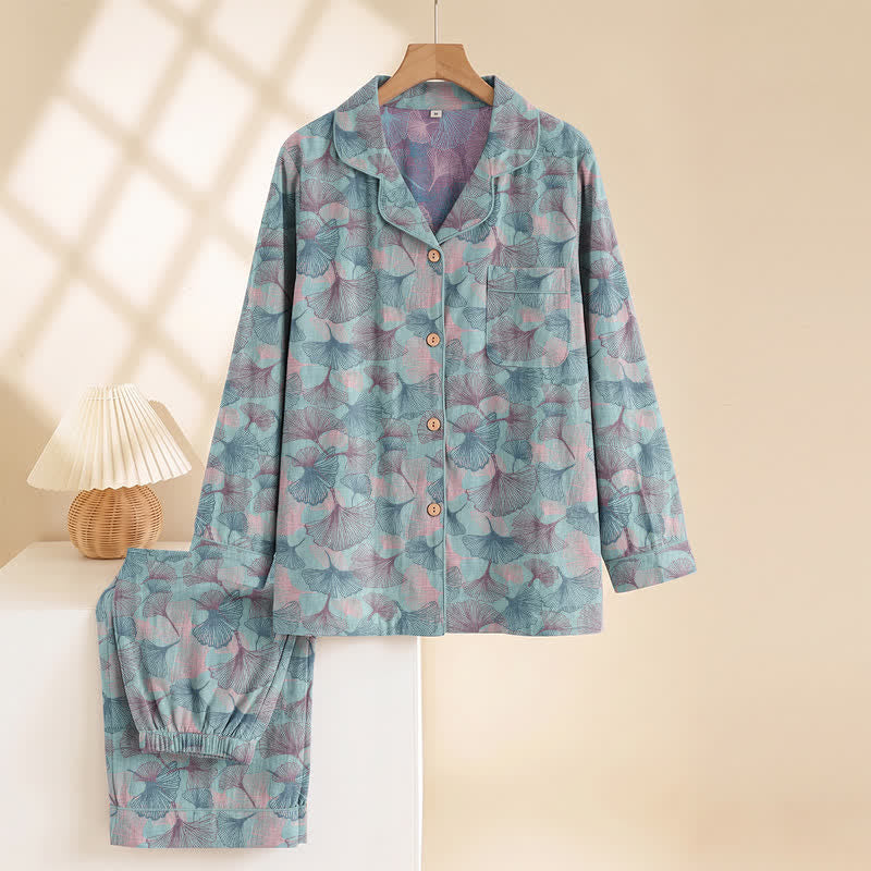 Ginkgo Leaf Cotton Notched‑Collar Loungewear Set
