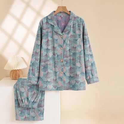 Ginkgo Leaf Cotton Notched‑Collar Loungewear Set