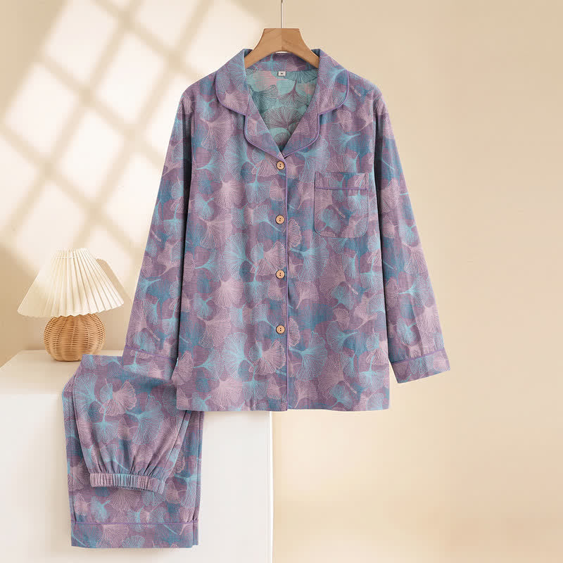 Ginkgo Leaf Cotton Notched‑Collar Loungewear Set