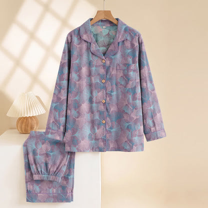 Ginkgo Leaf Cotton Notched‑Collar Loungewear Set