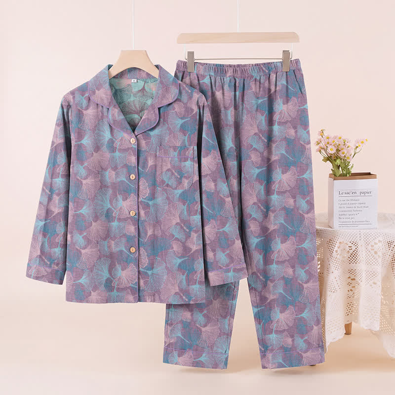 Ginkgo Leaf Cotton Notched‑Collar Loungewear Set