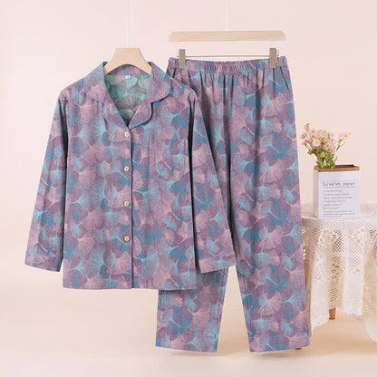 Ginkgo Leaf Cotton Notched‑Collar Loungewear Set