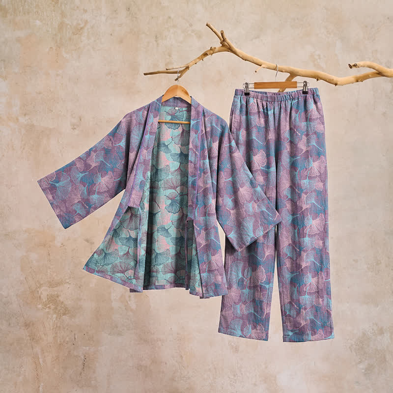 Ginkgo Leaf Cotton Notched‑Collar Loungewear Set