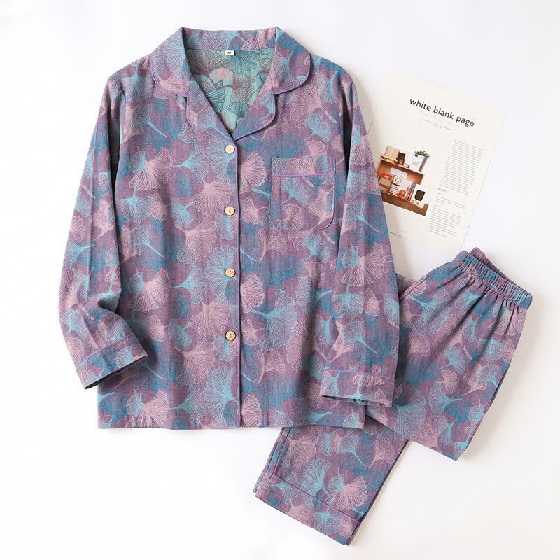 Ginkgo Leaf Cotton Notched‑Collar Loungewear Set