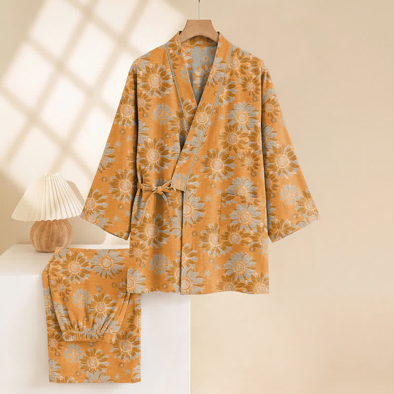 Retro Sunflower Cotton Kimono Pajama Set