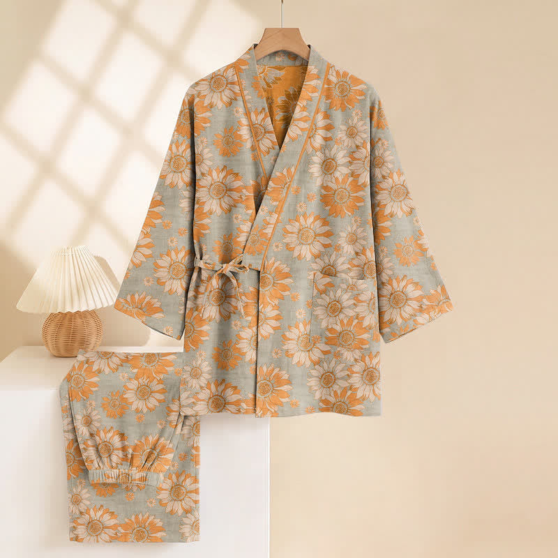 Retro Sunflower Cotton Kimono Pajama Set