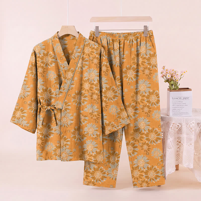 Retro Sunflower Cotton Kimono Pajama Set