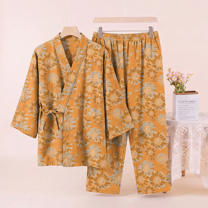 Retro Sunflower Cotton Kimono Pajama Set