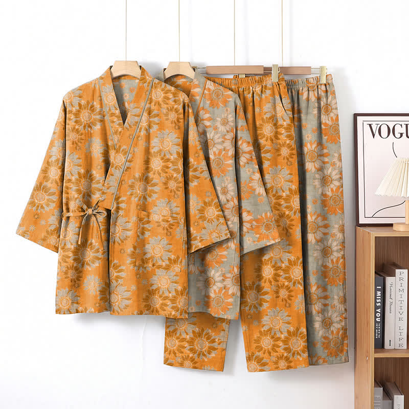 Retro Sunflower Cotton Kimono Pajama Set