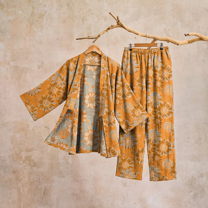 Retro Sunflower Cotton Kimono Pajama Set
